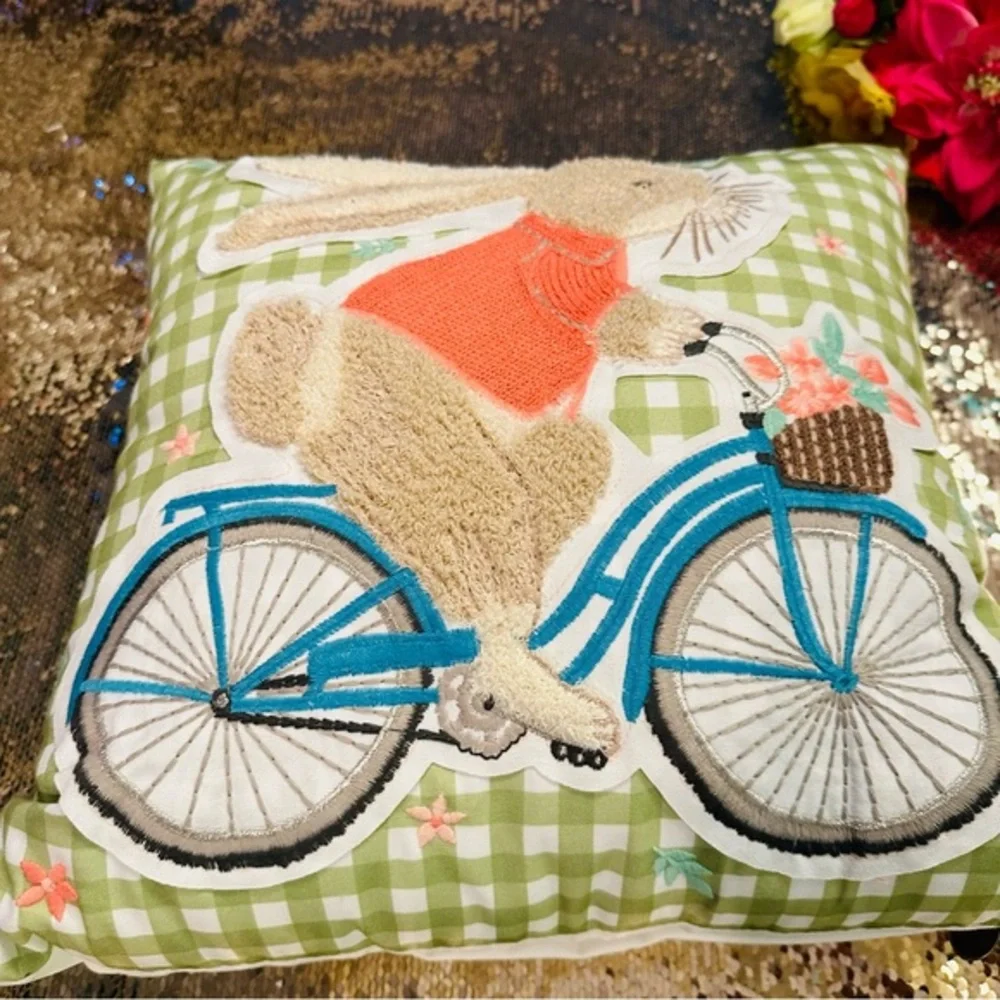 Easter decorative pillow plush bunny riding bicycle